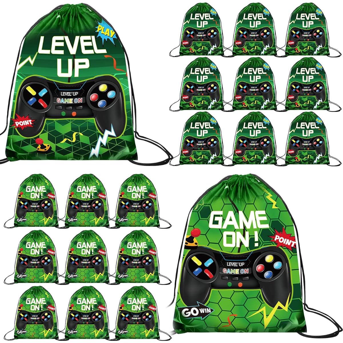 Eccliy 20 Pack Video Game Party Drawstring Bags 12 x 10 Inch Video Game Party Favors Video Game Goodie Bags for Gaming Party (Green, Fresh Style)