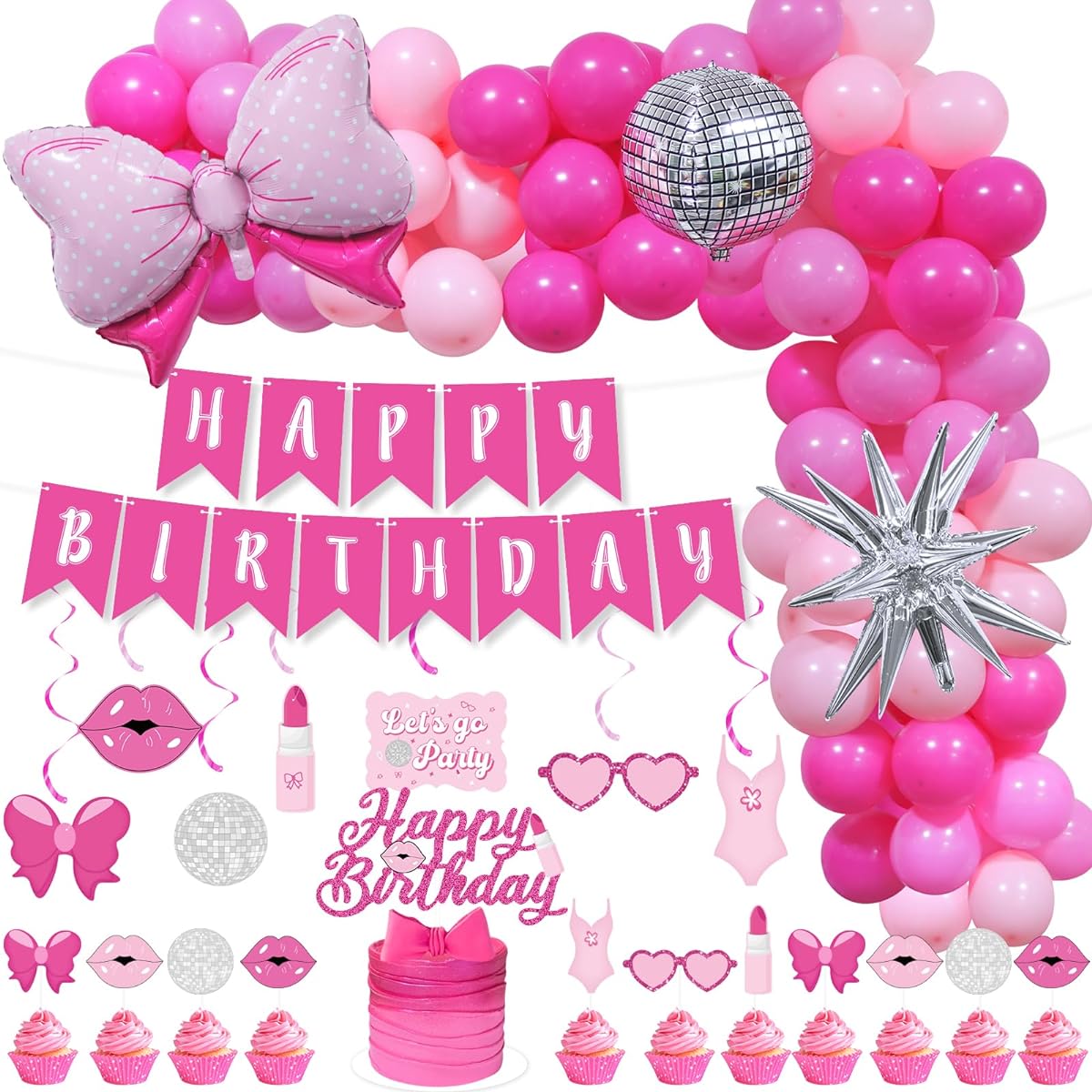 Hot Pink Girls Birthday Party Decorations, Pink Disco Balloon Ribbon, Princess Balloon Arch, Pink Happy Birthday Banner, Hanging Swirl Cake Topper, Princess Birthday, Baby Shower, Bachelorette Party Decorations