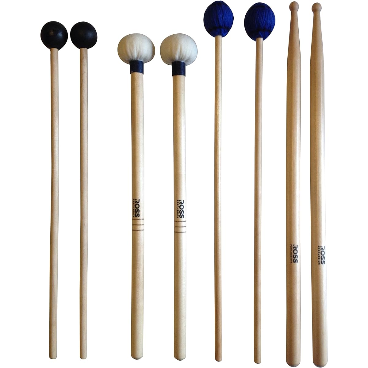 ROSS Percussion Intermediate Drum Mallet Set: Common Timpani, SD2 Drumstick, Medium Keyboard Mallet, Silcophone Rubber Mallet