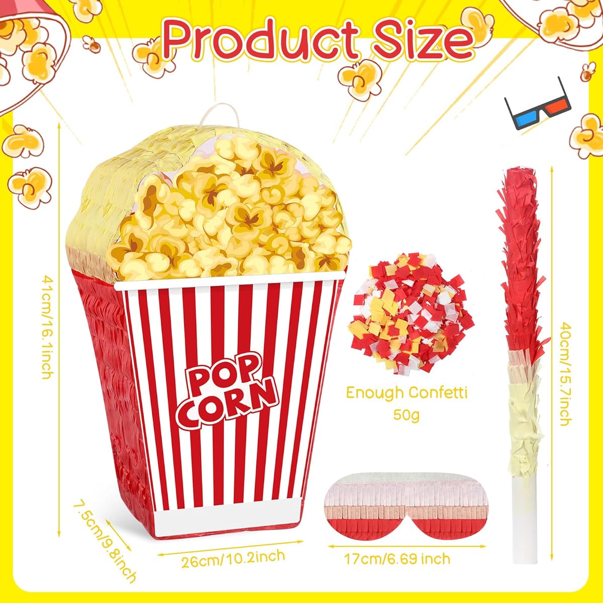 Aoriher Movie Night Music Pinata Pinata Stick Confetti Tassel Blindfold for Kids Adult Carnival Circus Baby Shower Musical Birthday Party Decoration Supplies (Popcorn Pinata)