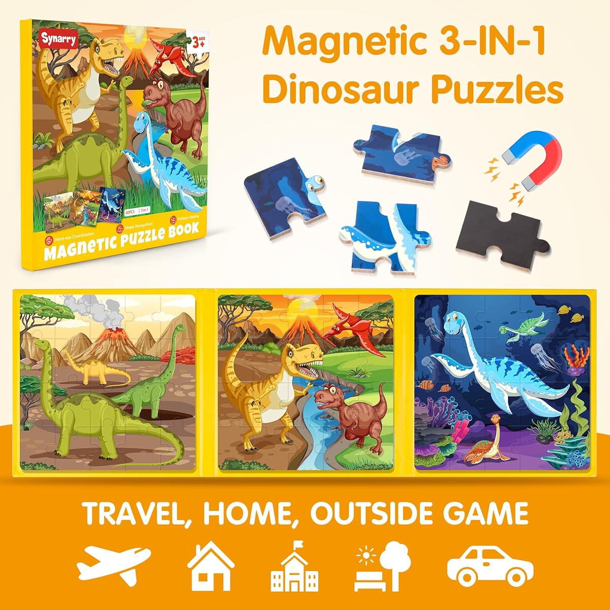 SYNARRY Magnetic Dinosaur Puzzle for Kids Ages 3-5, 20 Piece Toddler Dinosaur Puzzle Kids Travel Activity Toy Game for Children Boys Girls 3 4 5 Inch Car Plane Learning Magnets for Road Trips