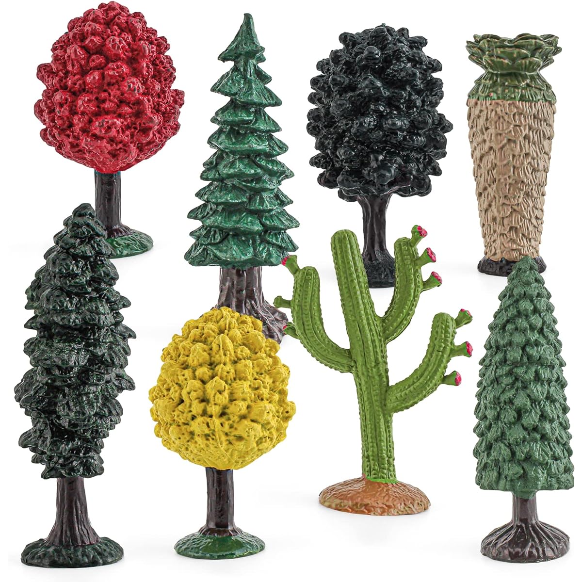 Atralo Service Realistic Mini Jungle Tree Figurines Toy Playset 8 Pieces Maple Elm Juniper Palm Pine Cactus Redwood Tree Model Toy Desktop Decoration Collection Party Favors Toys for Boys Girls Kids