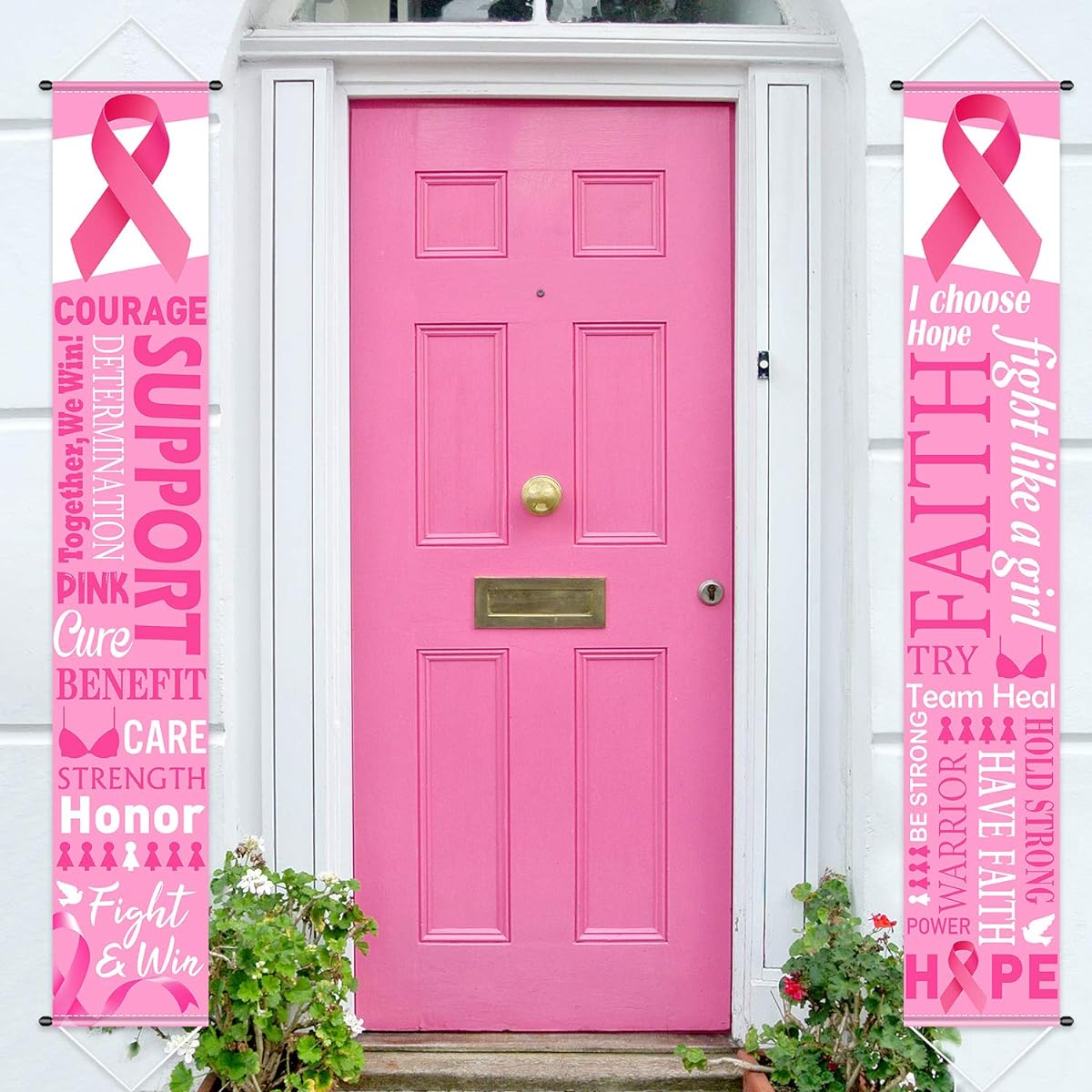 Pink Ribbon Party Decorations Breast Cancer Awareness Banner Porch Sign Hope Strength Courage Faith Banner Backdrop Pink Ribbon Breast Cancer Party Supplies Decorations 11.8 x 72 Inch