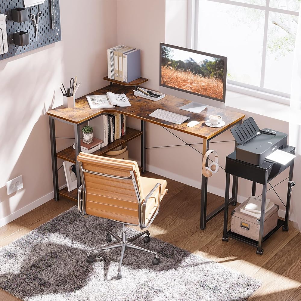 ODK Computer Desk L-shaped Gaming Desk Width 110 L-shaped Desk PC Desk Desk with Rack Storage Corner Desk Office Desk Work from Home Easy to Assemble Study Room Vintage Left Shelf