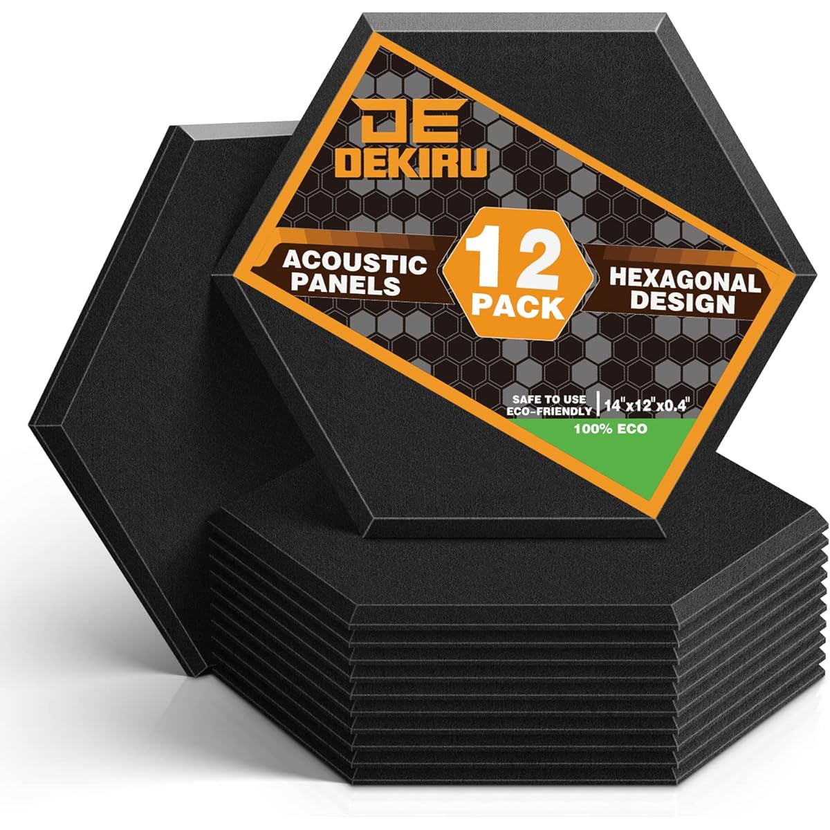 DEKIRU 12 Pack Acoustic Panels Hexagonal Soundproof Pads 14 x 13 x 0.4 Inch Soundproof Panels for Home and Office (Black)