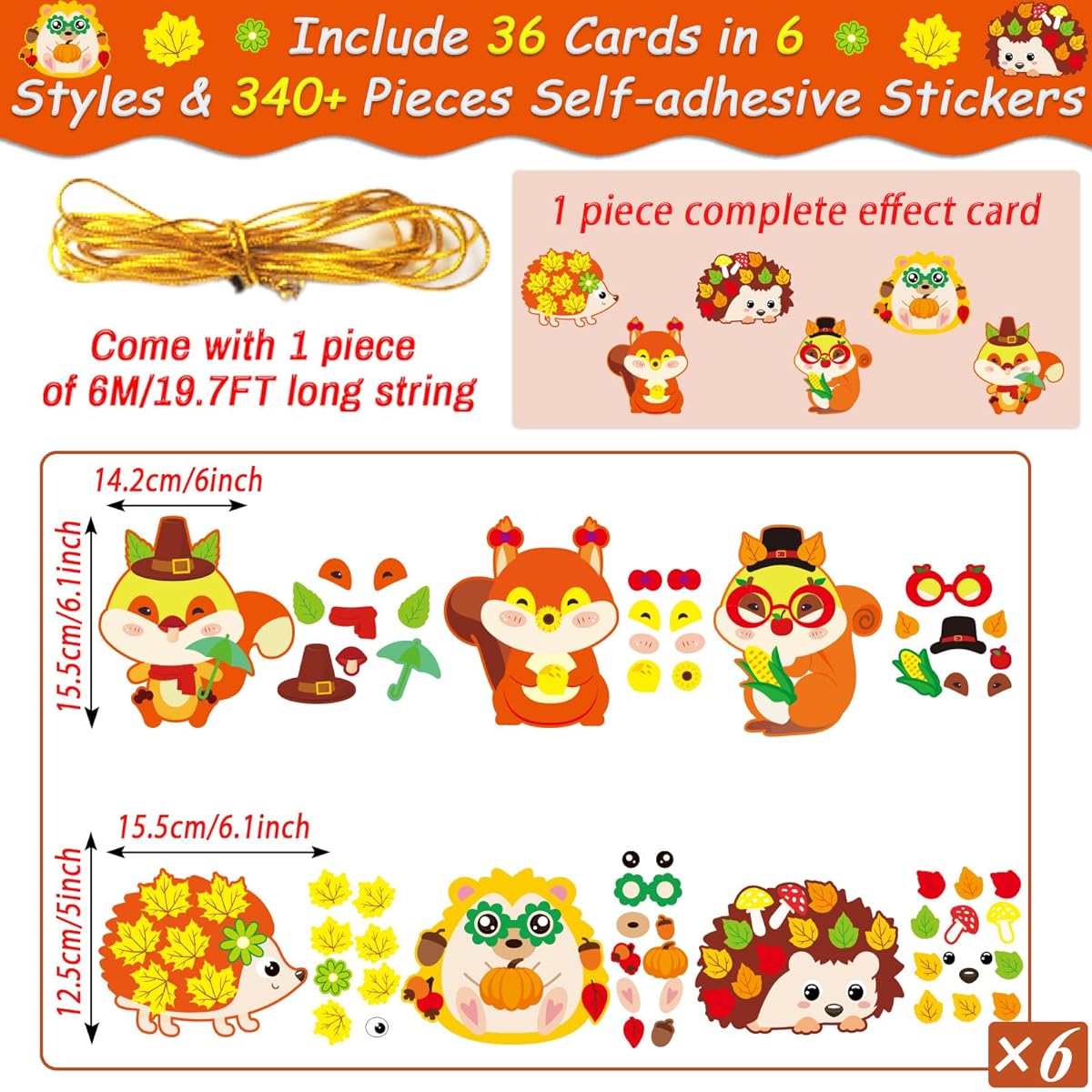 Qyeahkj 36 Sets Autumn DIY Art Craft Kit Hedgehog Squirrel Ornament Art Set Autumn Leaves Stickers Arts & Crafts for Kids Thanksgiving Class Activities Party Decorations