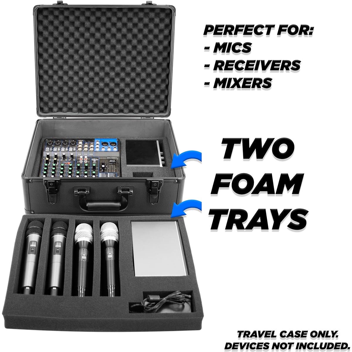 CASEMATIX 17" Locking Microphone Case with 2 Layers of Customizable Foam - Aluminum Microphone Case Lock Box for Audio Accessories and Microphone Bags with 2 Keys for Microphone Receiver Cable Mixer