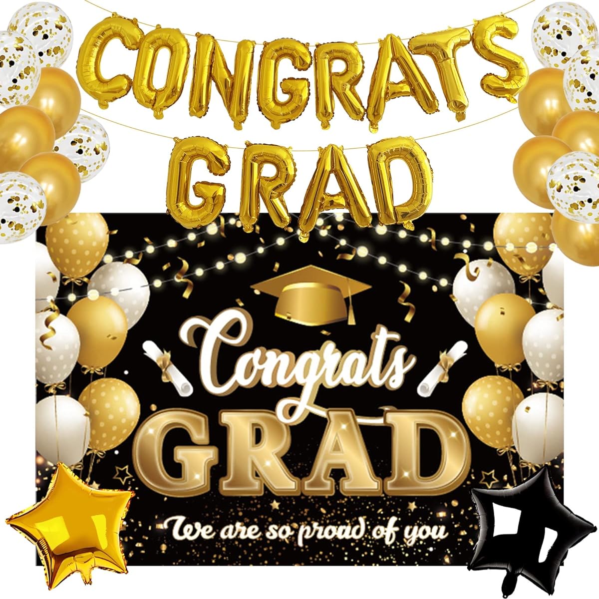 Congrats Grad Banner Balloons - Graduation Party Decorations 2023 Set Congrats Balloon Banner with Confetti Balloons Graduation Background Graduation Foil Balloons Gold Graduation Decorations 2023