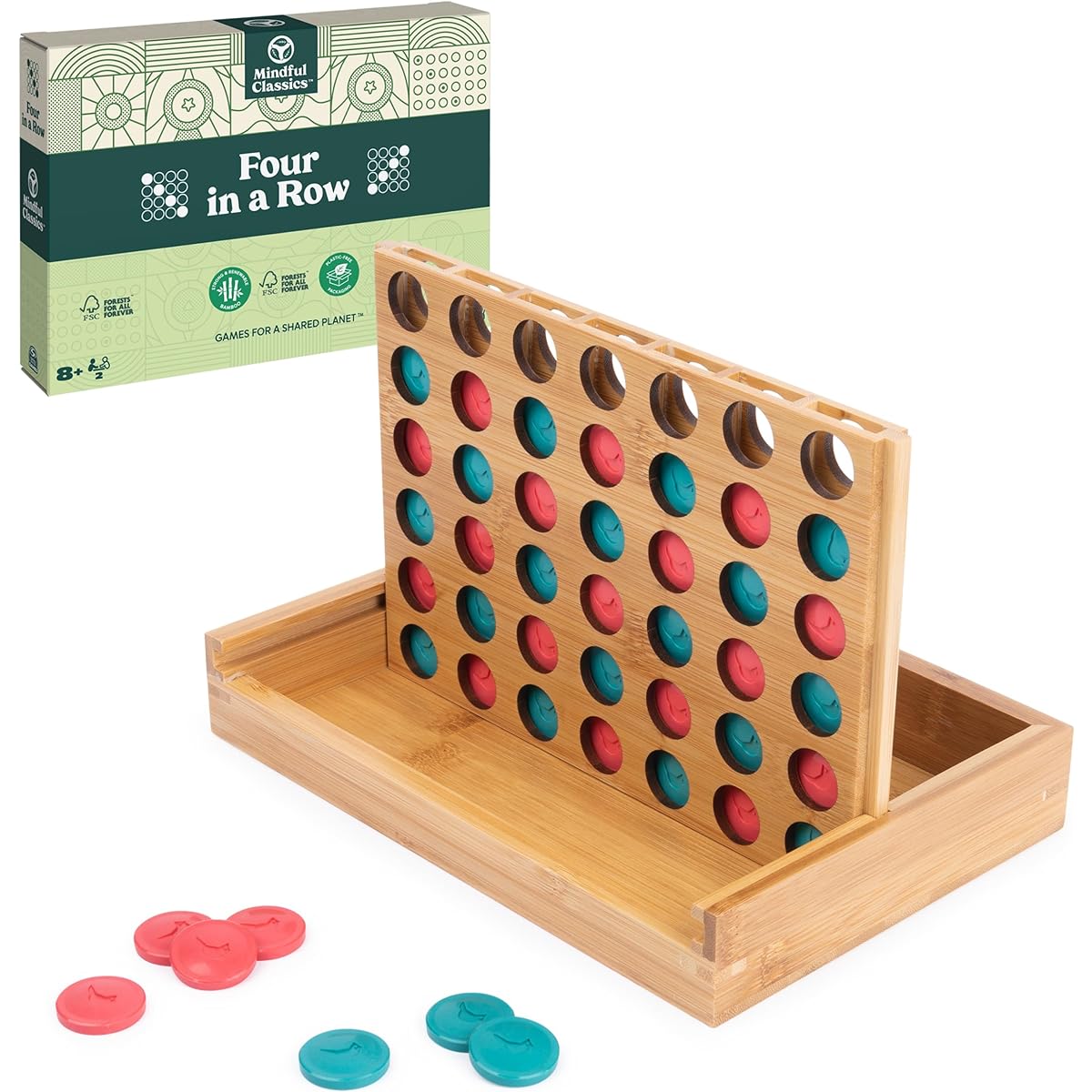Mindful Classics 4 Row Family Board Game Bamboo and Recycled Plastic Earth Day Eco-Friendly Products Ages 8+