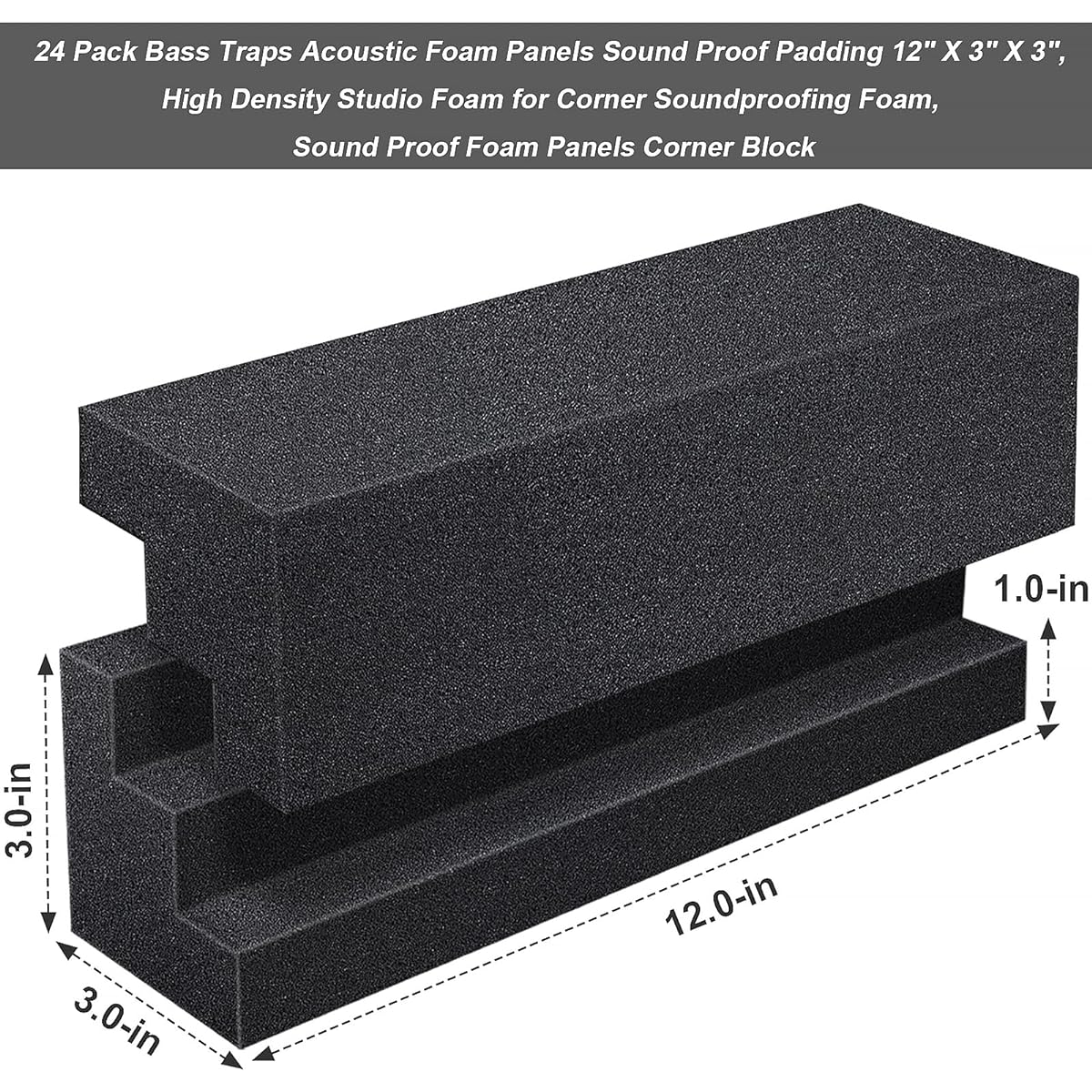 DEKIRU Acoustic Foam Bass Trap Corner Block Foam Studio Foam Soundproofing Foam Panels Noise Reduction Wall Soundproofing Pads Perfect for Studio/Home/Theater (24 Pack, 12"x3"x3", Black)