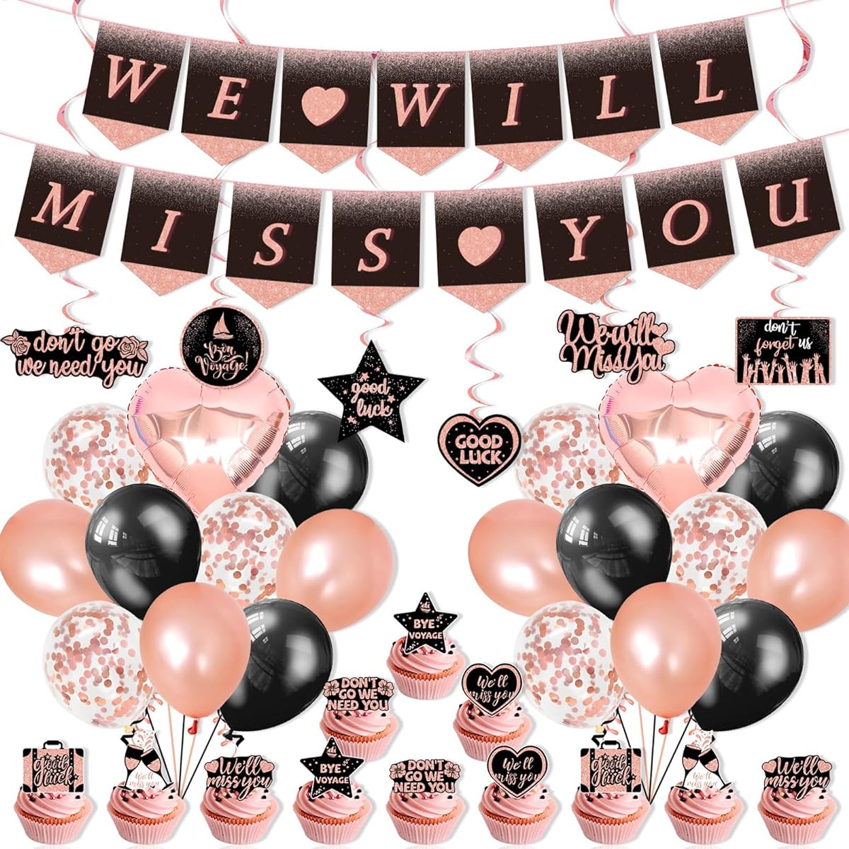 Rose Gold Farewell Party Decorations,We Will Miss You Banner,Going Away Party Decorations for Colleague Goodbye,Rose Gold Hanging Swirl Balloon Cupcake Topper Decorations,Retirement Party Supplies