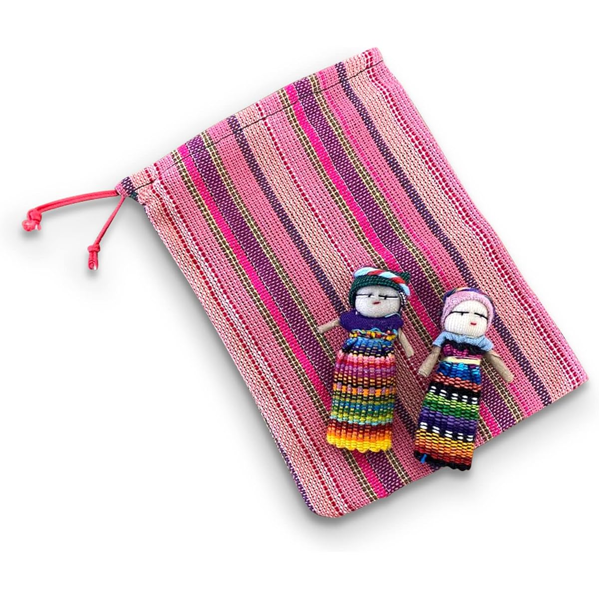 Thorness Set of 2 Guatemalan Handmade Worry Dolls with Colorful Craft Storage Bags