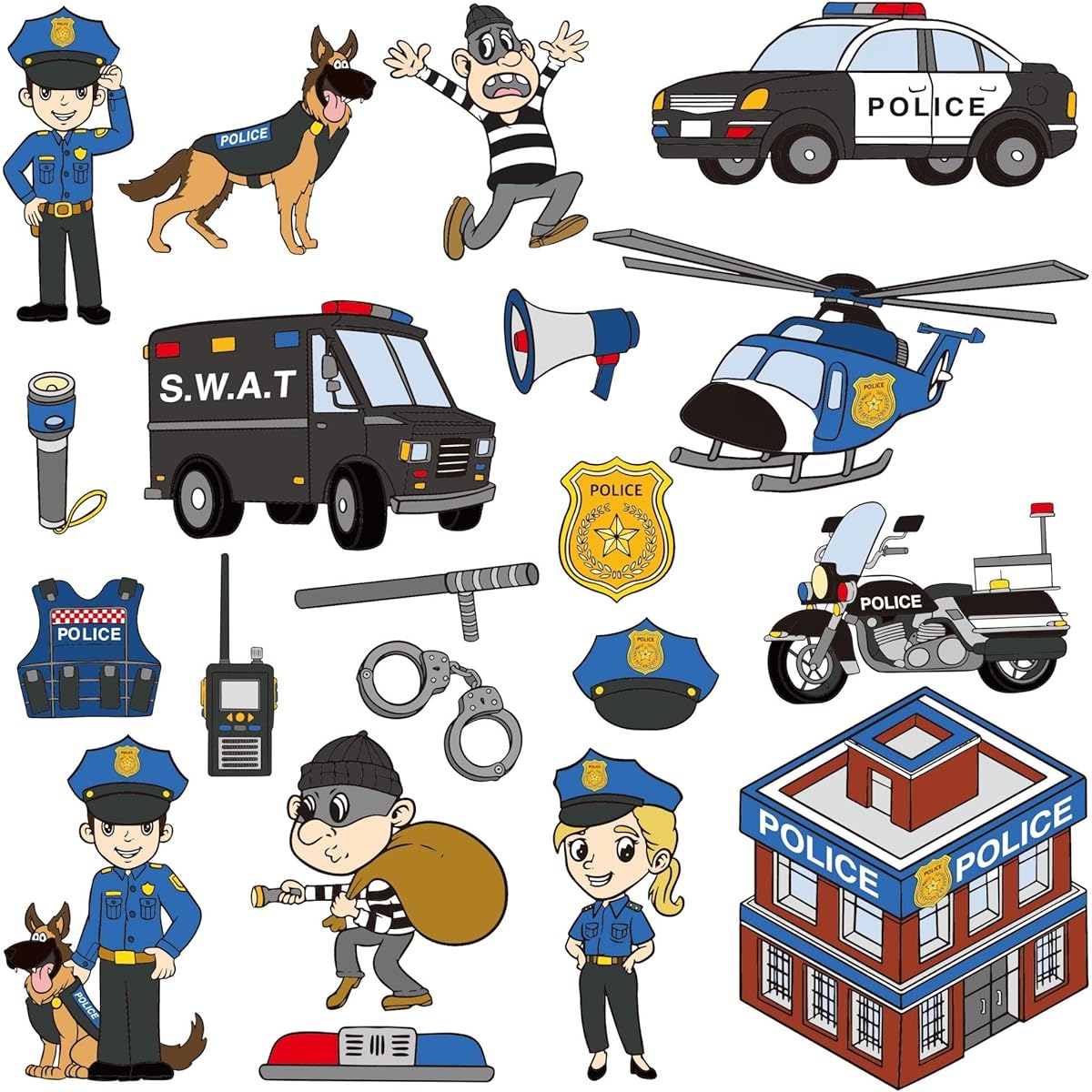 McEtt Police Sticker Sheets - Cute Police Officers & Police Car Stickers for Kids, Toddlers, Students - 5 Pack (100 Stickers) - Birthday Party Favors, Classroom