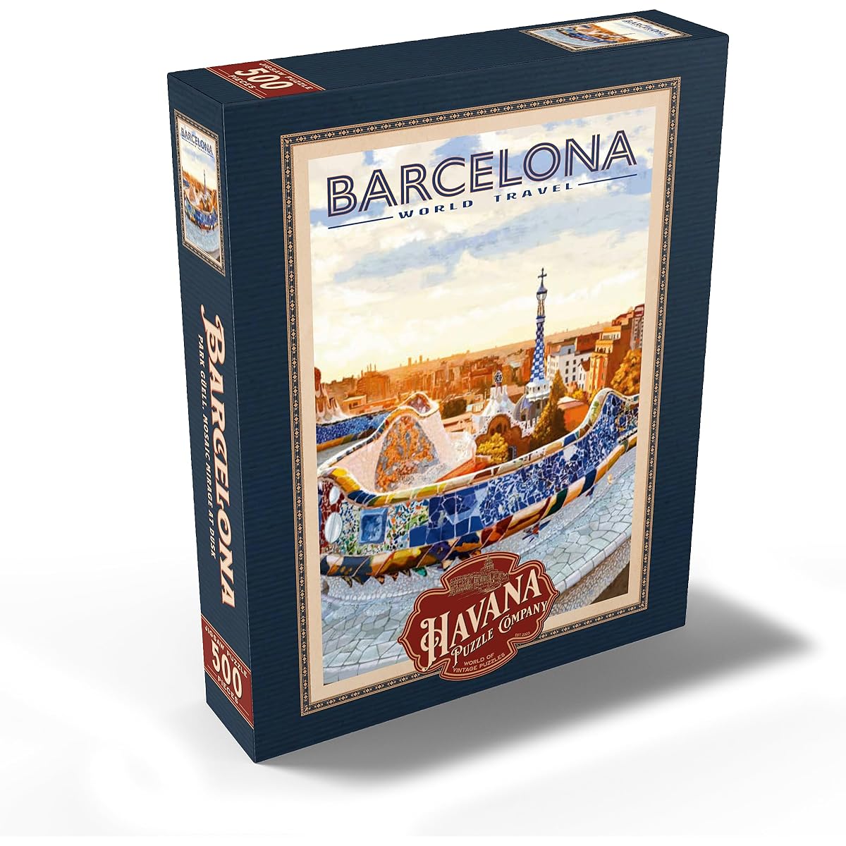 Barcelona Spain Park Guell Mosaic Mirage at Sunset Vintage Travel Poster Premium 500 Piece Jigsaw Puzzle for Adults