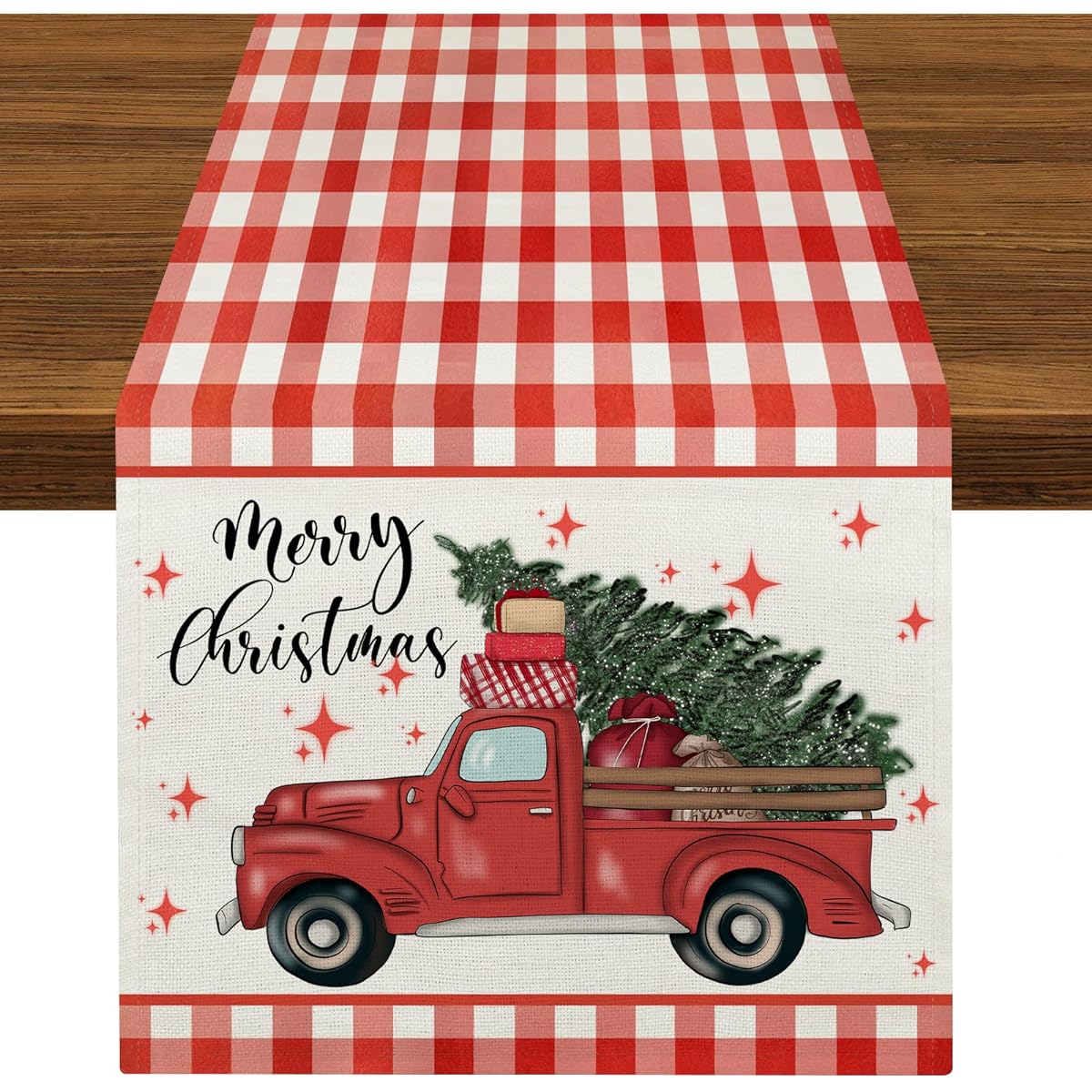Merry Christmas Truck Table Runner Red Buffalo Plaid Table Runner 108" Long Kitchen Dining Table Decor Christmas Winter Holiday Party Indoor Outdoor Decor