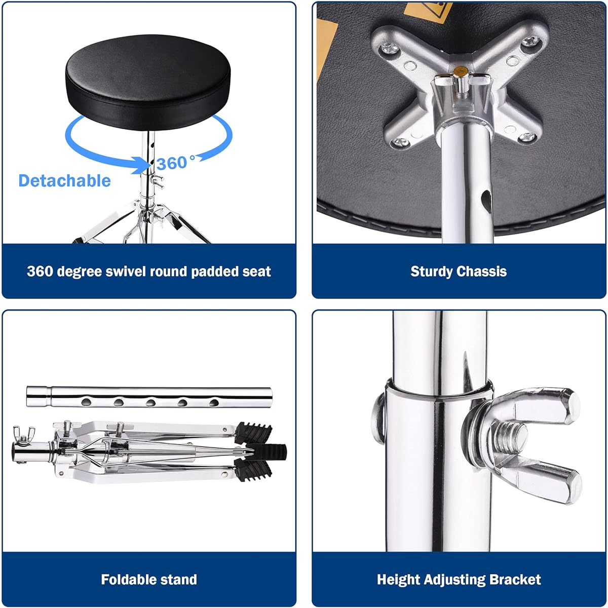 AW Drum Throne Padded Seat Drummer Stool Round Chair 12"~20" Height Adjustable Foldable Stand Percussion Accessories
