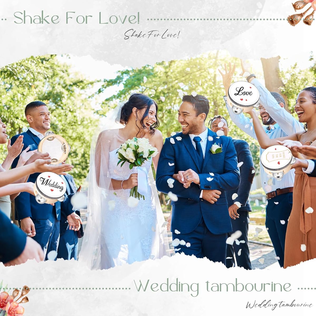 Lukmaa 24 Sets 4 Inch Tambourine Adult Wooden Handheld Drum with Metal Jingle Gift Tag White I Love You Print Ribbon Percussion Gift Musical Instrument Church Wedding Party Favors