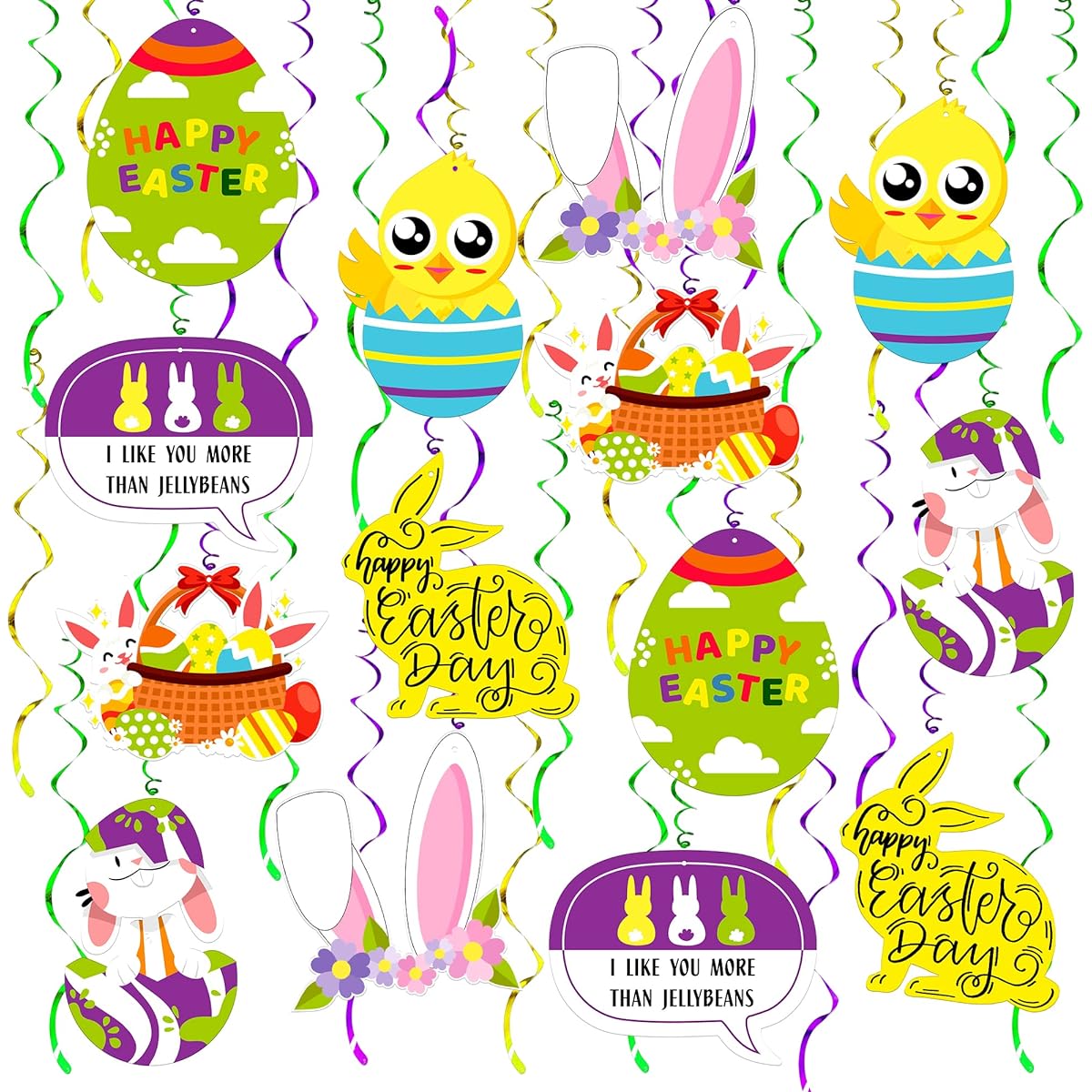 Easter Hanging Swirl Decorations - Pack of 30 | Purple Easter Eggs, Bunnies for Easter Decorations, Easter Egg Cutouts for Easter Hanging Decorations | Bunny Easter Hanging Egg Decorations