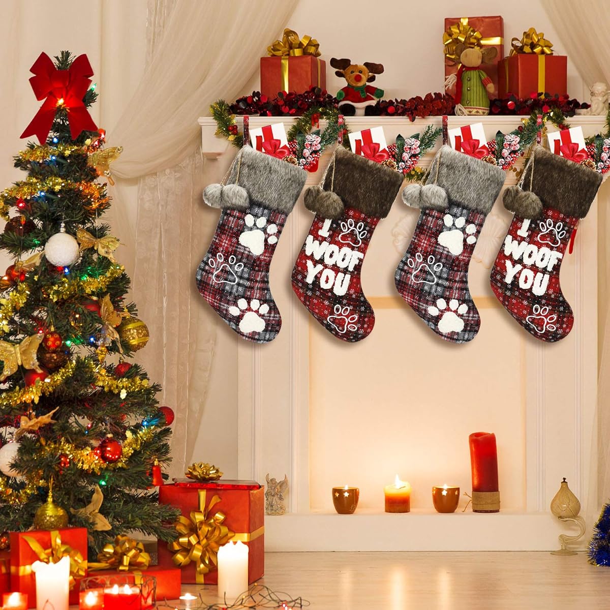 Skylety 2 Pieces 20 Inch Pet Christmas Hanging Stockings Plaid Buffalo Plush Faux Fur Cuff Christmas Stockings with Letters and Dog Paw Prints Plush Doll for Christmas Decorations