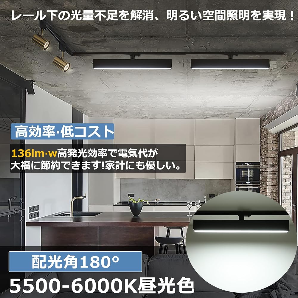 Commercial LED Fluorescent Light for Duct Rails, Wiring Duct Rail Lighting Fixture, Integrated Duct Rail Light, Lighting Rail Lighting, Facility Lighting, Flicker-Free, Large Light Input 2900lm, Equivalent to 2 20W Type Lights, Daylight Color (Black, 60C