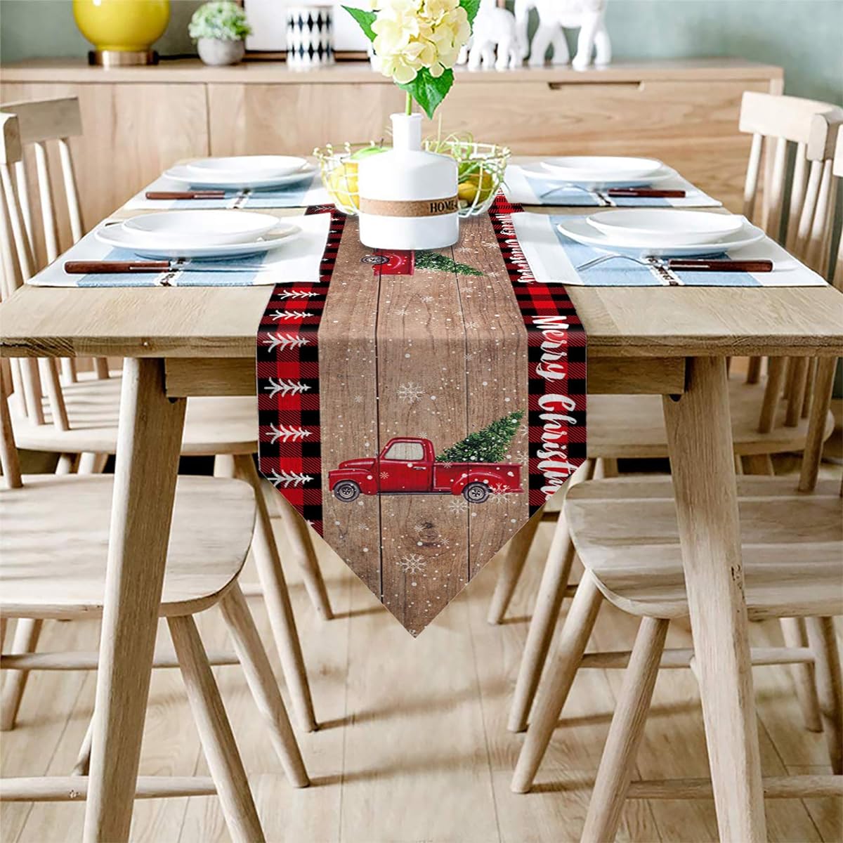 Burlap Table Runner Dresser Scarf Merry Christmas Red Truck Pull Christmas Tree on Retro Wood Board Linen Table Runner Farmhouse Dining Room Coffee Table Runner Wedding Party Decor 16x72 Inch