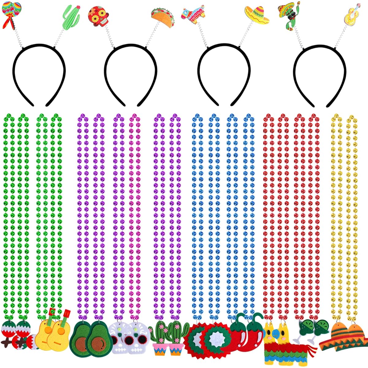 Atonofun 24 Pieces Cinco De Mayo Fiesta Accessories Mexican Headband and Necklace Set Fiesta Hair Hoop Fiesta Beads Necklace Costume Accessories for Mexican Themed Fiesta Carnival Party Favors