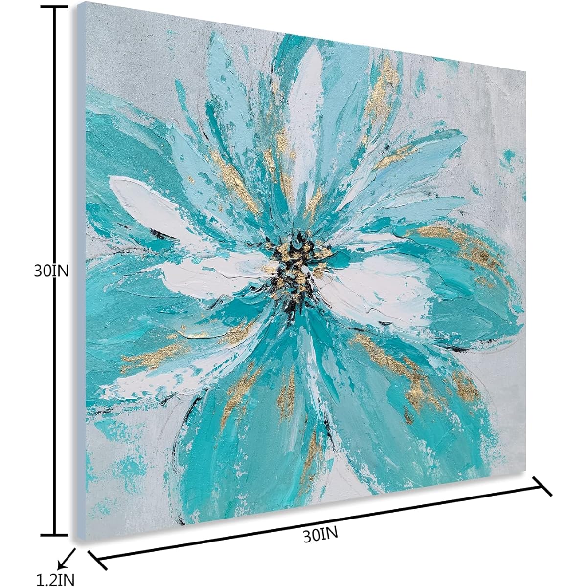 GALLERIEWALLA Hand Painted Floral Paintings Gold Foil - Teal and White Flowers Canvas Wall Art - Abstract Square Artwork for Living Room Dining Bathroom Decor