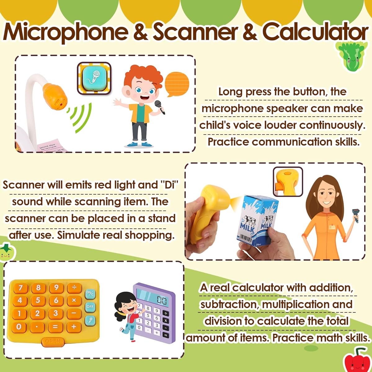 BUYGER Kids Pretend Play Cash Register Toy with Scanner, Shopping Cart, Microphone, Calculator, Food, Credit Cards, Money Play, Supermarket Cash Register Gift for Ages 3, 4, 5
