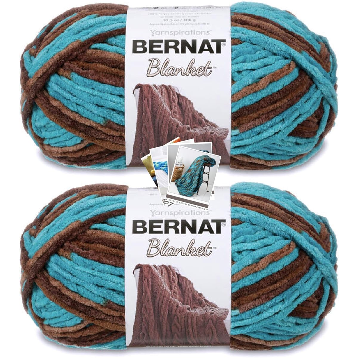 Bernat Blanket Yarn - Big Ball (10.5 oz) - 2 Pack with Color Pattern Cards (Mallard Wood)