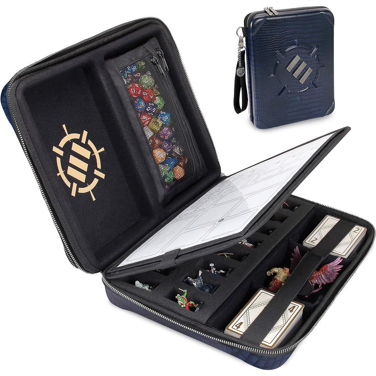ENHANCE Collector's Edition RPG Organizer Case - DND Binder, Built-in Character Sheet Holder, Erasable Script Panel, Dice Rolling Area, Removable Pen Pouch, Miniature Foam Tray (Dragon Blue)