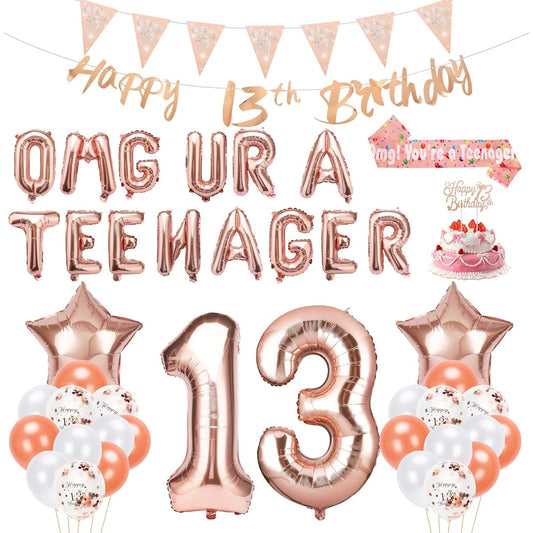 13th Birthday Decorations for Girls - Rose Gold Omg Ur A Teenager Balloon Banner Happy Birthday Banner Sash Cake Topper Pennant Birthday Balloons for Girls 13th Teenager Birthday
