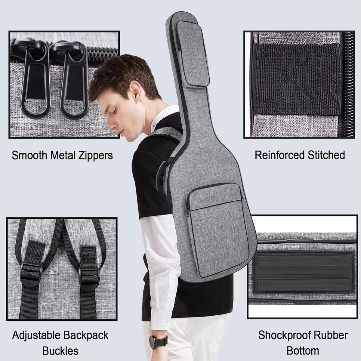 MUZTOP Bass Guitar Bag 7mm Padded Bass Guitar Gig Bag Padded Soft Electric Bass Guitar Case Backpack with Pocket Gray