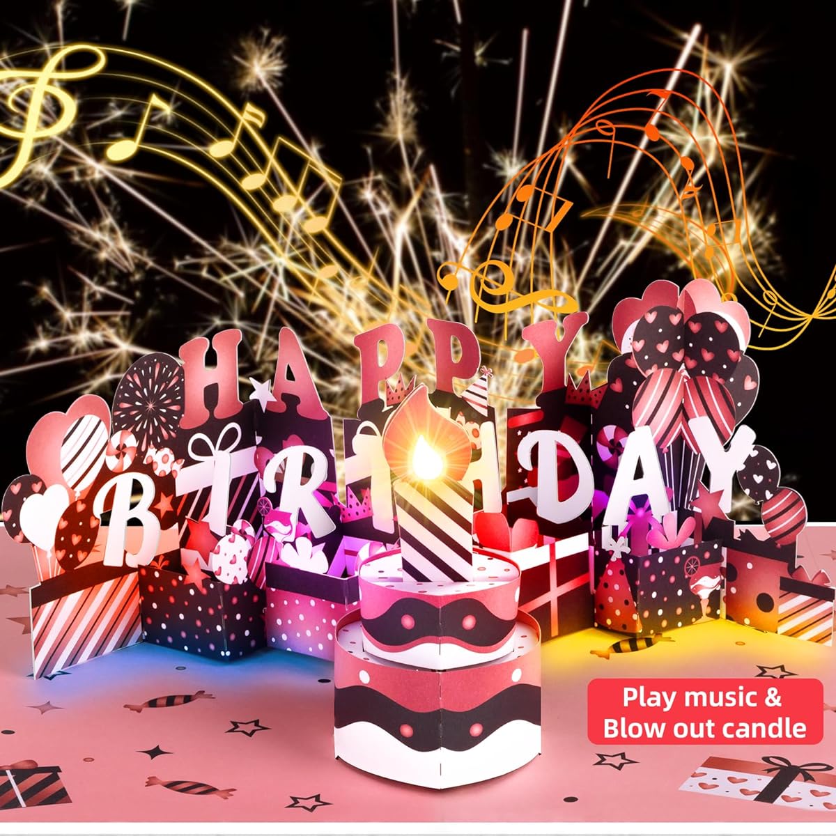 Pop Up Birthday Card,3D Musical Birthday Card with Blowable Light Candle Cake & Colorful Lights,Funny Happy Birthday Greeting Card,Gift for Women, Men, Sister, Kids