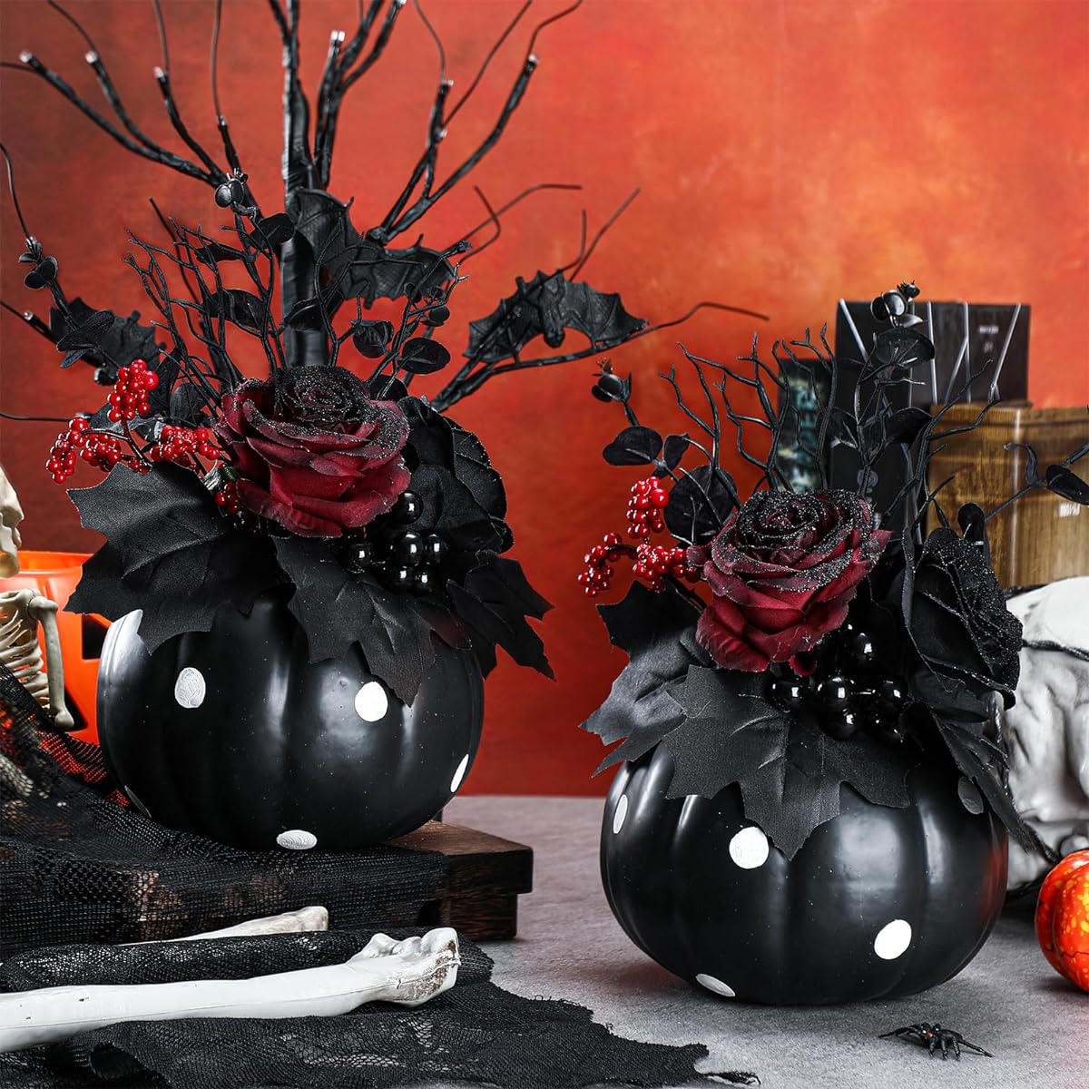 Wettarn 2pcs 7" Artificial Pumpkins Pumpkin Toppings Artificial Rose Maple Leaf Eucalyptus Fake Pumpkins for Halloween Table Centerpieces Party Home Decorations