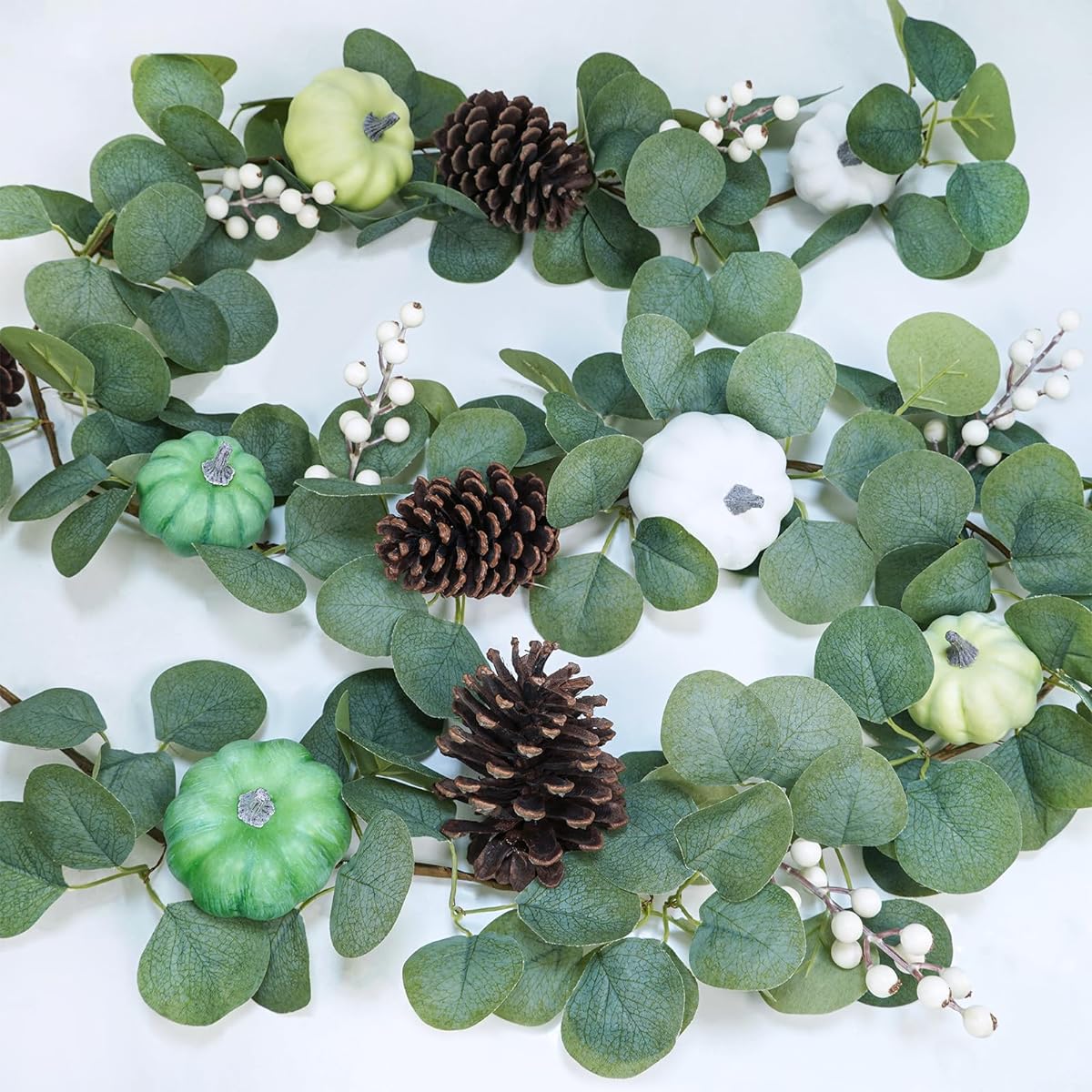 Winlyn Fall Green Pumpkin Garland, Artificial Eucalyptus Garland, Assorted Pumpkins, Berries, Pine Cones, Fall Green Garland, 6 Feet Long, Wedding Arch, Thanksgiving Table Runner, Mantel, Farmhouse Decor