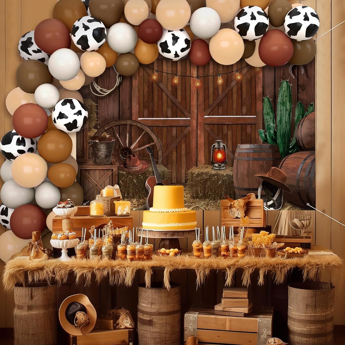 Vansolinne Western Party Decorations Wild West Balloon Arch Kit Stable Fabric Cowboy Banner for First Rodeo Birthday Photo Backdrop Western Theme Baby Shower Supplies