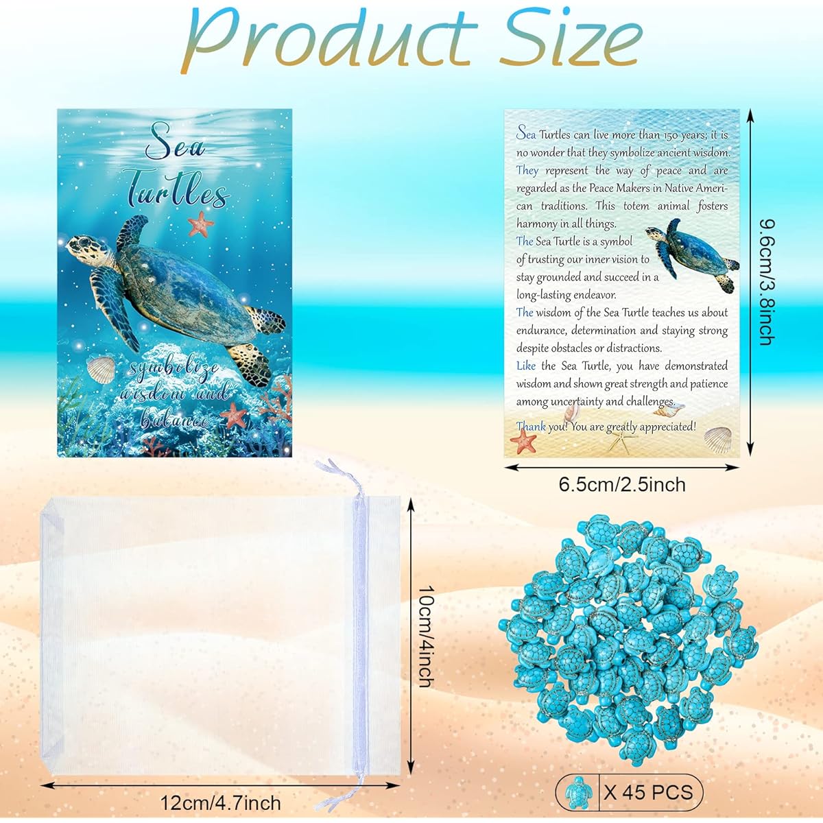 Sea Turtle Appreciation Gift Set - 45 Sets Sea Turtle Gifts - 45 Sea Turtle Greeting Cards with Wisdom Messages, 45 Mini Sea Turtles, 45 Organza Bags for Employees, Students, Hospice