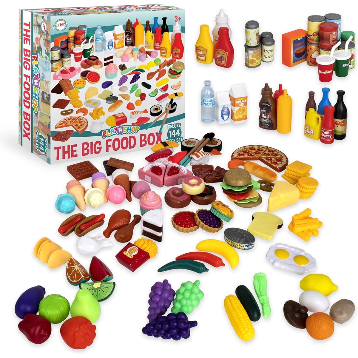 Playkidiz Pretend Play Deluxe Food Set - 144 Piece Plastic Kitchen Set for Food, Grocery Shopping, Cutting, Cooking, Plating and Play