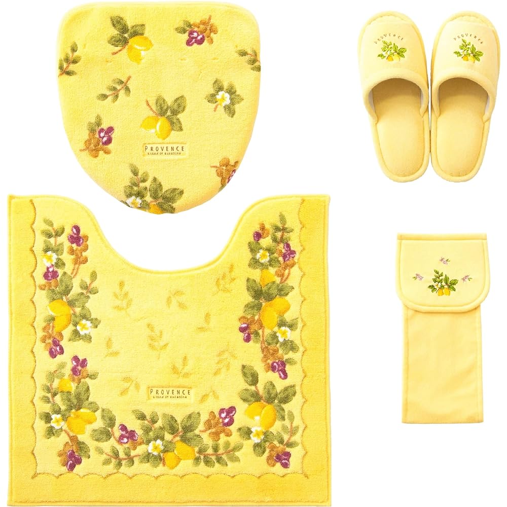 Lucky Yellow Toilet Mat Set, 4 Pieces, Yellow, Made in Japan, Mat, Lid Cover, Slippers, Paper Holder Cover, 4 Piece Set, Stylish, Provence Ciel, Antibacterial, Deodorant, Leaf, Flower