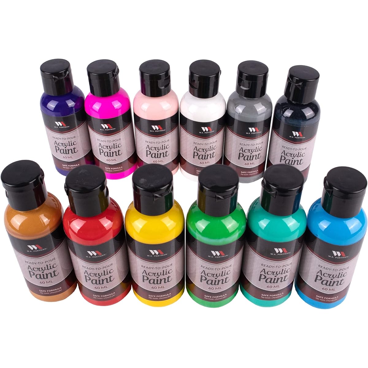 WA Portman 12 Piece Ready to Pour Paint Kit - 2oz Bottles Acrylic Polling Paint Set 12 Colors - 12 Pack Pour Paint Kit - Liquid Acrylic Paint Kit - Acrylic Polling Medium