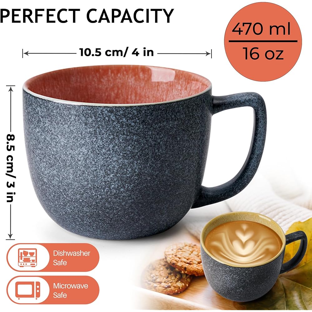 MIAMIO - 470ml Coffee Cup x 6/Mug Set/Coffee Cup Large/Modern Stoneware Coffee Mug Las Palmitas Collection Set of 6