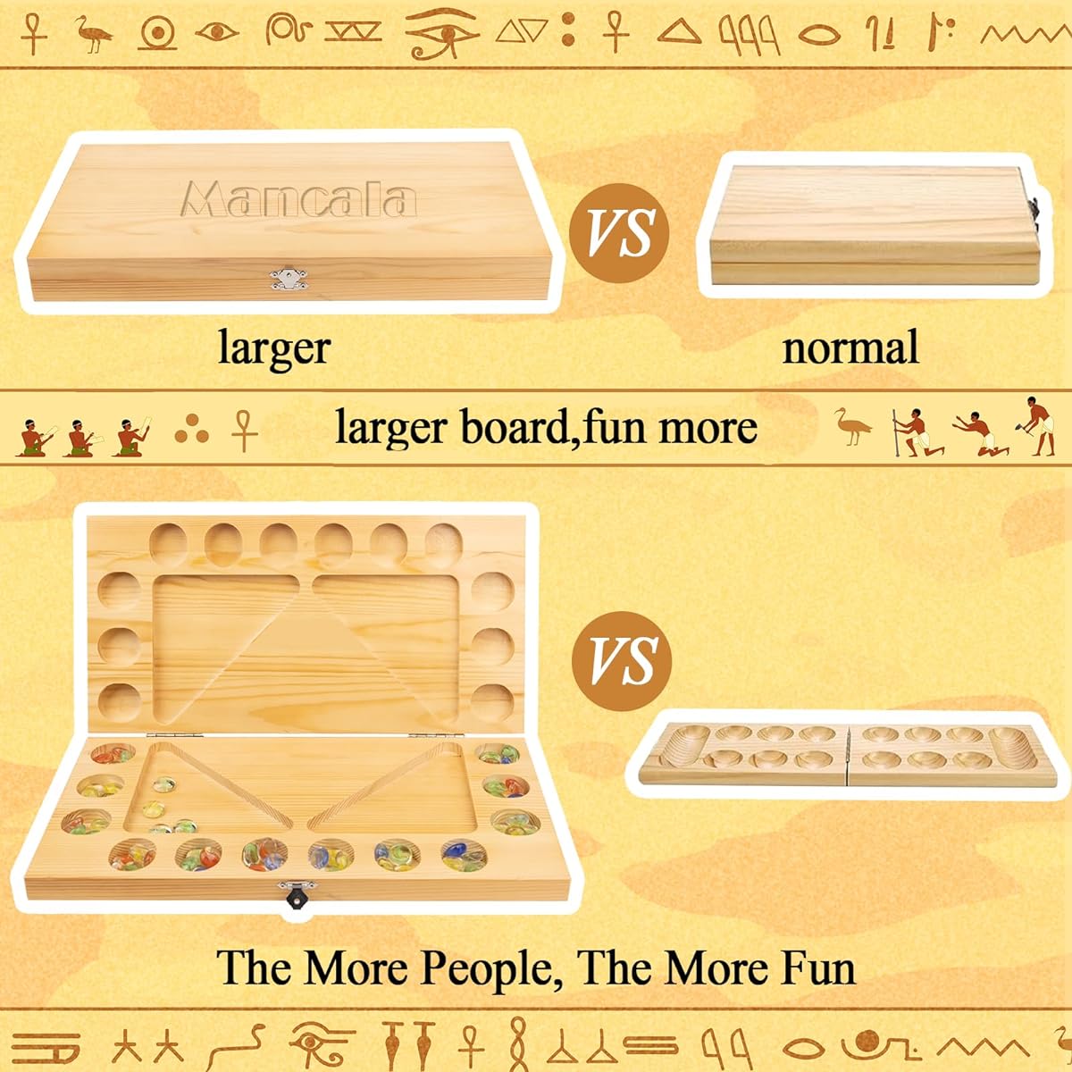 Mancala Board Game 4 Player Solid Wood Foldable Mancala Board Multi-Colored Glass Stone Mancala Family Travel Strategy Game Set Game Instructions