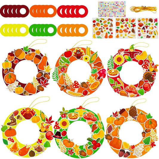 24 Sets Kids Thanksgiving Fall Craft Kit for Preschoolers DIY Wreath Game Fall Paper Art Crafts with Pumpkin Maple Leaf Turkey Stickers for Home Classroom Indoor Kids Activities