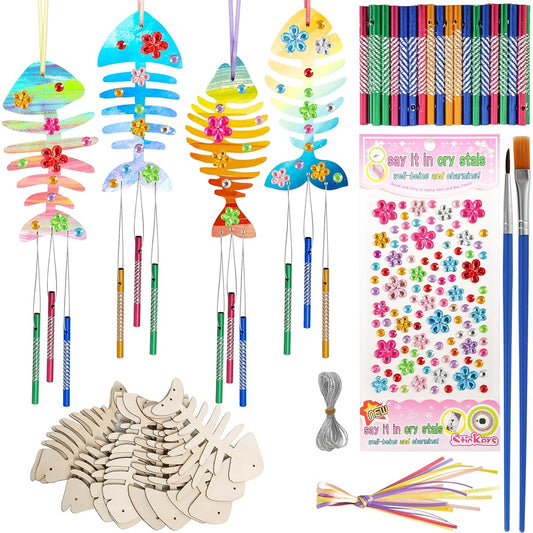 12 Pack Wooden Fishbone Wind Chimes Craft Kit for Kids & Adults DIY Coloring Decorative Ornaments Craft Activities Party Supplies