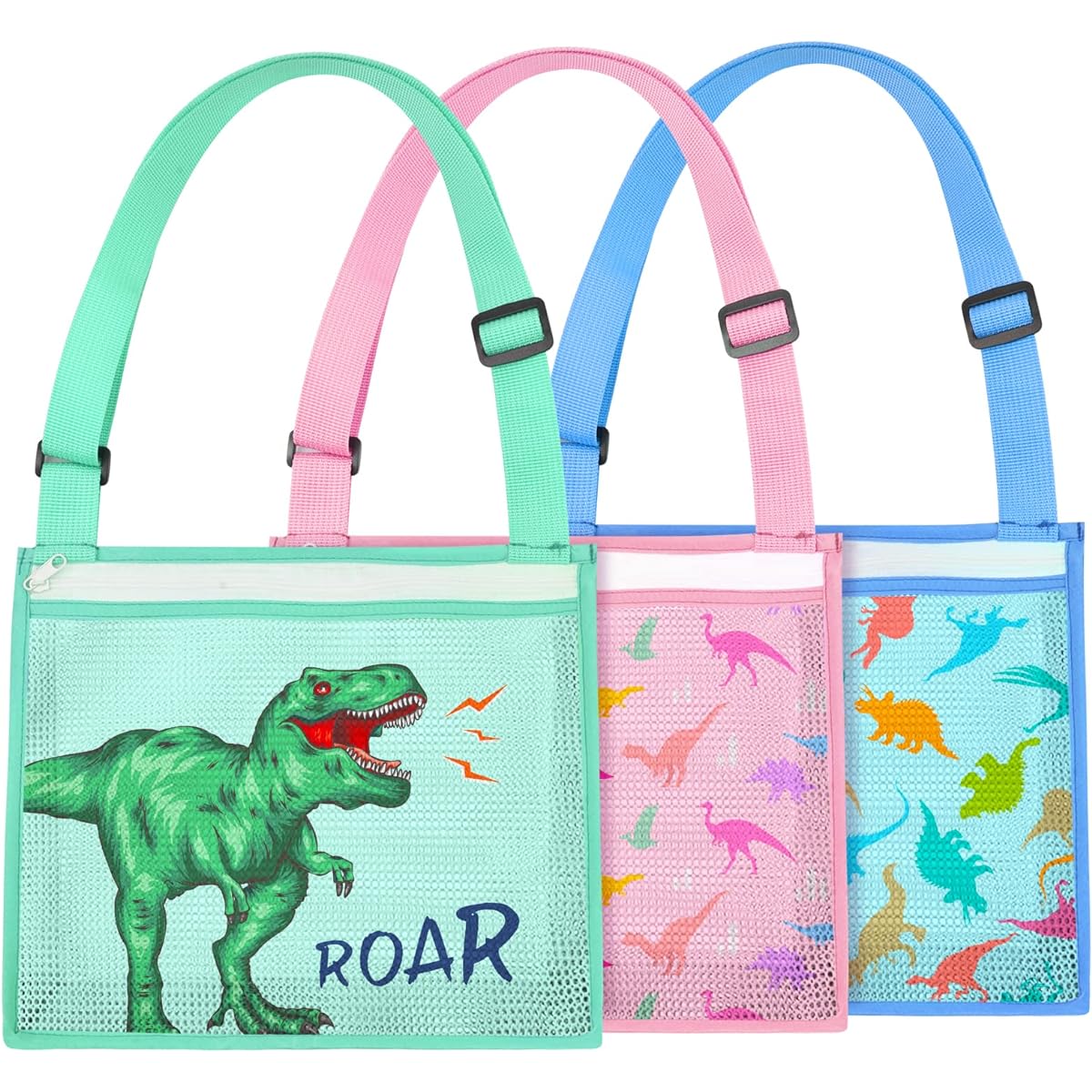 PASHOP Children's Beach Bag 3 Pack Seashell Bag Children's Beach Toys Mesh Beach Bag for Seashells for Girls Boys (3 Pieces/Dinosaur)