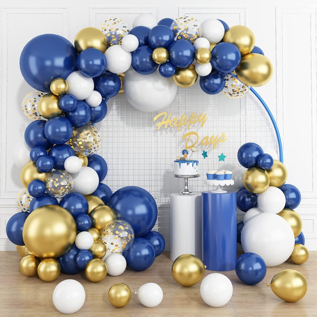 Navy Blue Gold and White Balloon Garland Arch Kit 145 Pieces 18 12 10 5 Inch Navy Blue White Metallic Gold Confetti Balloon Garland Matte Balloons for Baby Shower Birthday Graduation Wedding