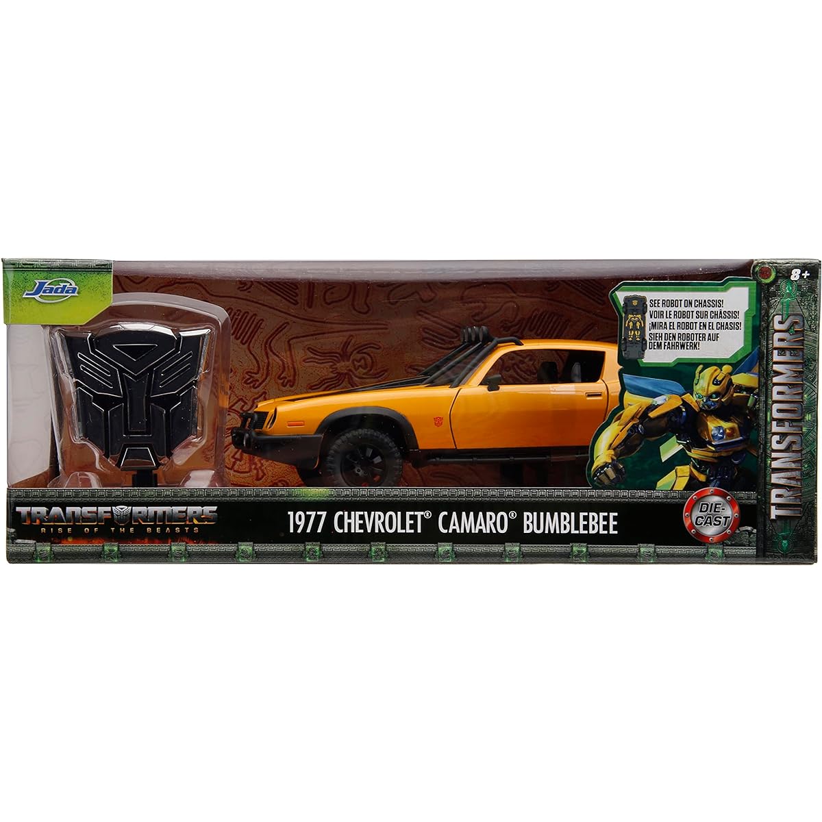 Jada Toys Transformers Rise of the Beast 1:24 1977 Chevrolet Camaro Bumblebee & Badge Diecast Car Toy for Children and Adults