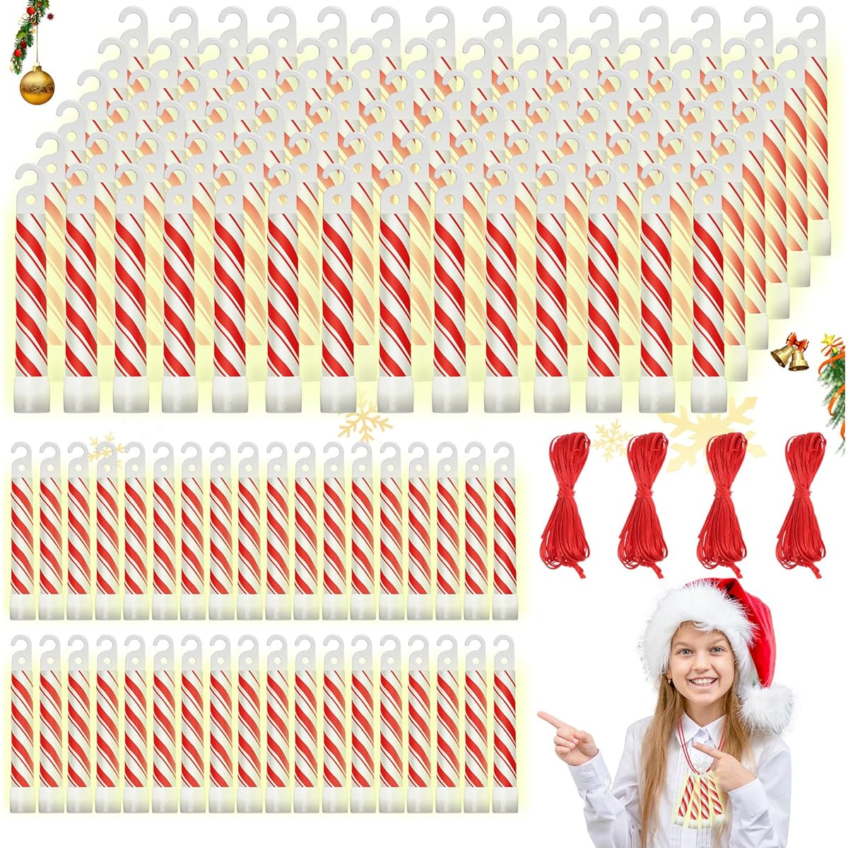 Wettarn 120pcs 4" Christmas Glow Sticks Light Up Sticks Bright Candy Cane Light Sticks Bulk Christmas Party Favors for Kids/Adults/Camping/Hiking Activities/Blackout/Storm/Emergency