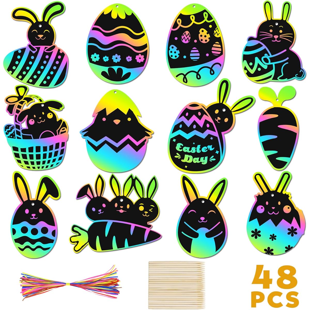 Easter Scratch Paper Art for Kids - 48 DIY Rainbow Scratch Off Cards Set for Kids Crafts Art Supplies Class Bulk Purchase Birthday Holiday Party Activity Gift