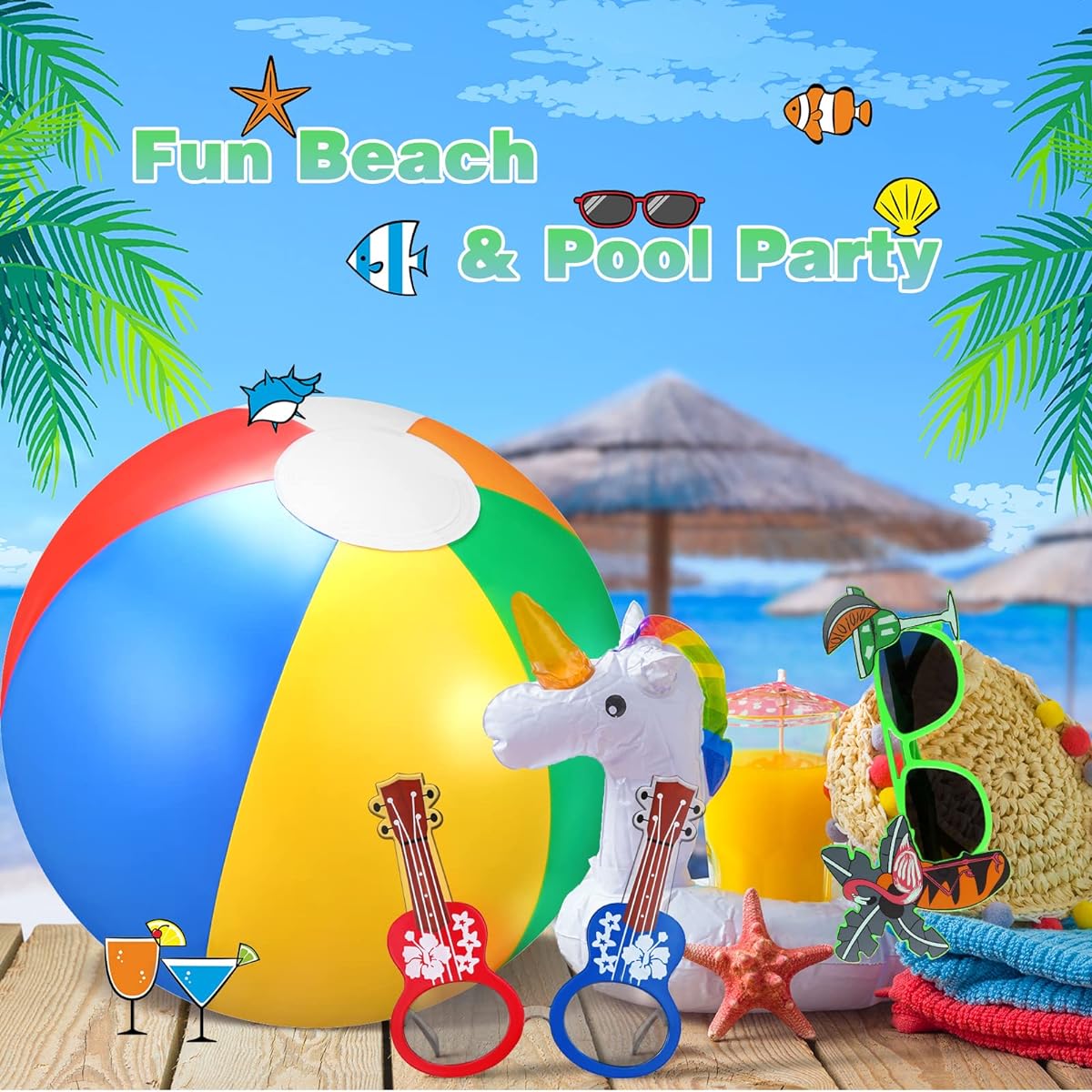 Talltalk 24pcs 10" Inflatable Beach Balls Bulk Toys, 18pcs Luau Party Sunglasses Funny Glasses Hawaiian Tropical Luau Party Decorations Supplies Summer Beach Pool Party Favors for Boys Girls